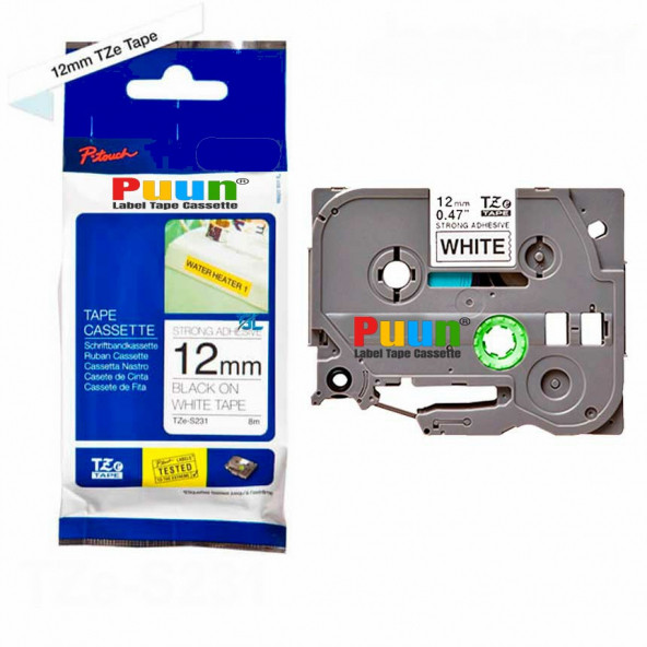 Puun Brother P-Touch TZE-S231 12MM x 8m Güçlü Yapışkanlı Beyaz Üzerine Siyah Muadil Laminasyon Etiket Şeridi ürün görseli 1