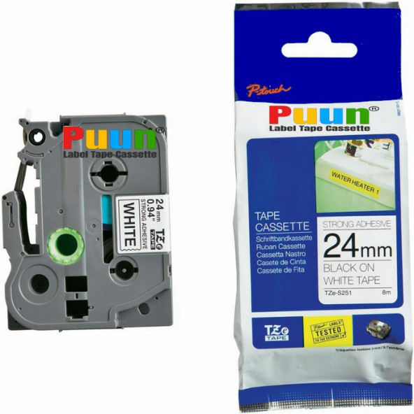 Puun Brother P-Touch TZE-S251 24MM x 8m Güçlü Yapışkanlı Beyaz Üzerine Siyah Muadil Laminasyon Etiket Şeridi ürün görseli 1
