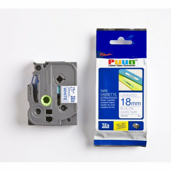 Puun Brother P-Touch TZE-243 18MM x 8m Beyaz Üzerine Mavi Muadil Laminasyon Etiket Şeridi ürün görseli 1