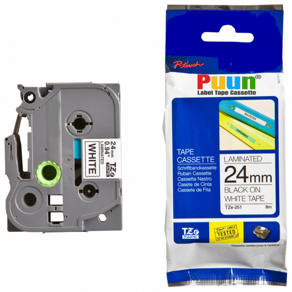 Puun Brother P-Touch TZE-251 24MM x 8m Beyaz Üzerine Siyah Muadil Laminasyon Etiket Şeridi ürün görseli 1