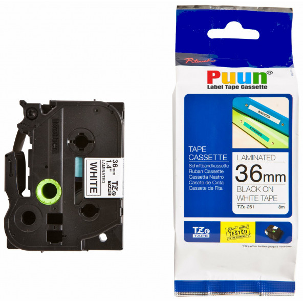 Puun Brother P-Touch TZE-261 36MM x 8m Beyaz Üzerine Siyah Muadil Laminasyon Etiket Şeridi ürün görseli 1