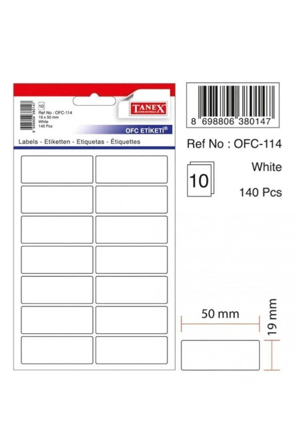 Tanex Ofis Etiketi Poşetli 19x50 MM Beyaz Ofis Etiketi 10 Sayfa (10 Lu Paket) ürün görseli 1