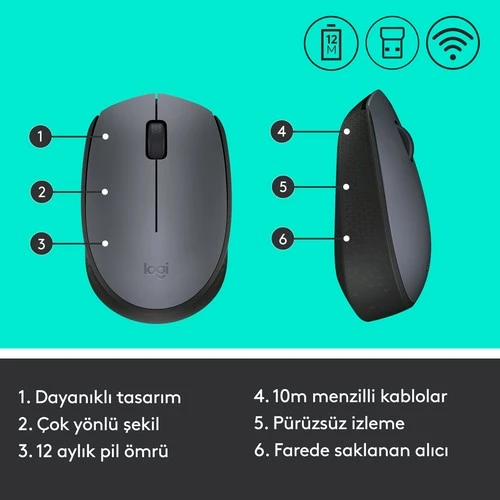 LOGITECH M170 USB SİYAH KABLOSUZ MOUSE 910-004642 - Resim 7
