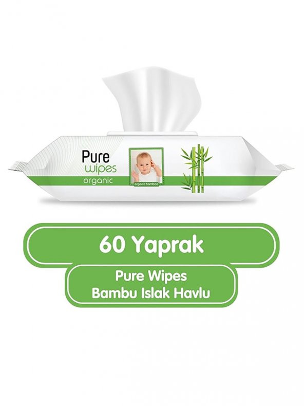 Pure Wipes Organik Bambu Islak Havlu Mendil 60x18 1080 Yaprak ürün görseli 1