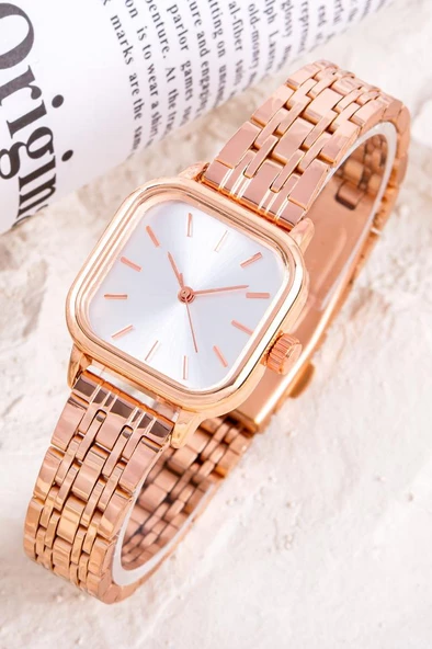 Rose Renk Küçük Kare Kasa Vintage Retro Kadın Kol Saati ST-304297 ürün görseli 1