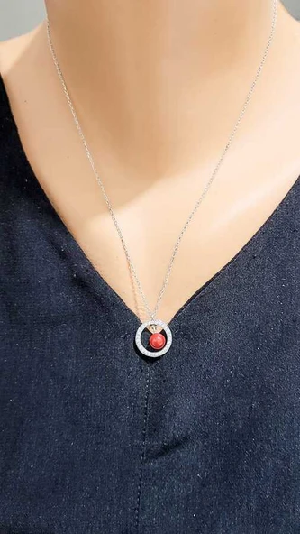 925 Ayar Gümüş Mercan Ve Zirkon Taşlı Kolye ürün görseli 1