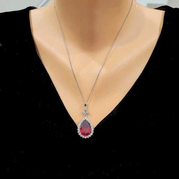 925 Ayar Gümüş Damla Garnet Taşlı Anturaj Kolye ürün görseli 1