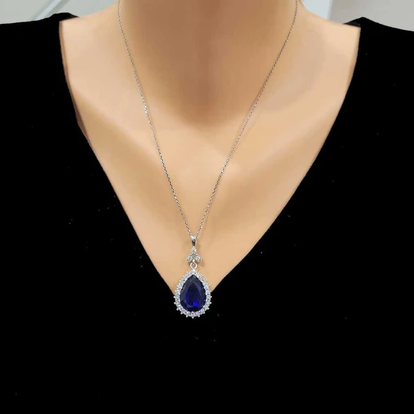 925 Ayar Gümüş Damla Safir Taşlı Anturaj Kolye ürün görseli 1