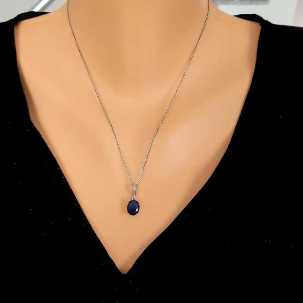 925 Ayar Gümüş Oval Büyük Boy Sentetik Safir Taşlı Kolye ürün görseli 1