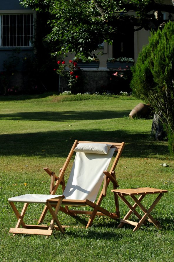 Krem Suya Dayanıklı Minderli ve  Ayak Uzatma Tabureli Katlanır Ahşap Şezlong ürün görseli 1