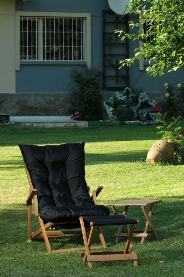 Siyah Suya Dayanıklı Minderli ve  Ayak Uzatma Tabureli Katlanır Ahşap Şezlong ürün görseli 1