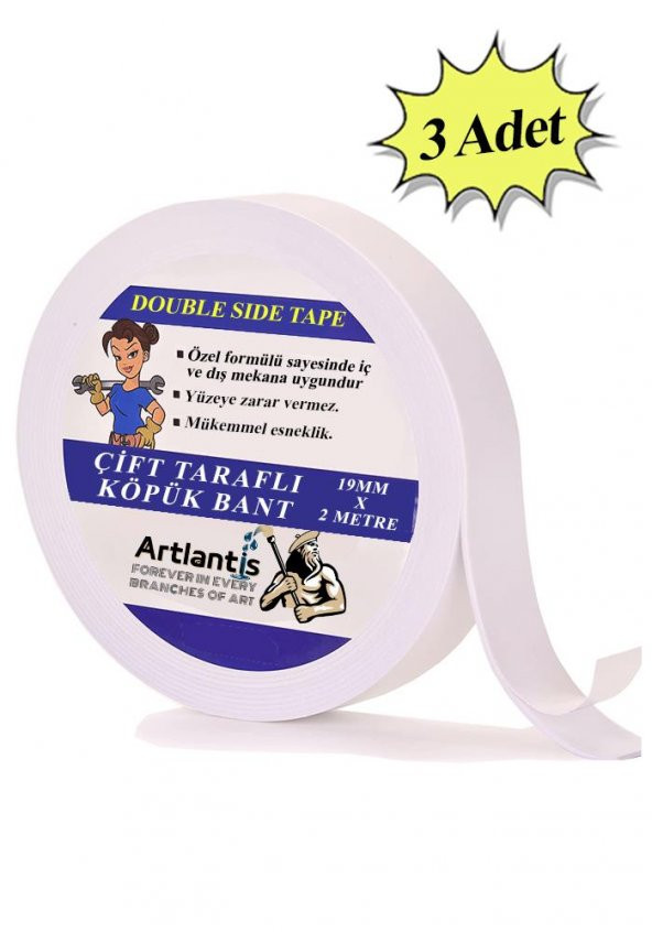 Çift Taraflı Bant Köpük Bant 19mm x 2mt 3 Adet Çerçeve Tablo Halı Yapıştırma Bandı İç Ve Dış Mekan Süper Güçlü Köpük Bant ürün görseli 1