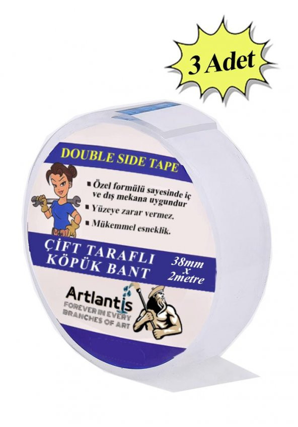 Çift Taraflı Bant Köpük Bant 38mm x 2mt 3 Adet Çerçeve Tablo Halı Yapıştırma Bandı İç Ve Dış Mekan Süper Güçlü Köpük Bant ürün görseli 1