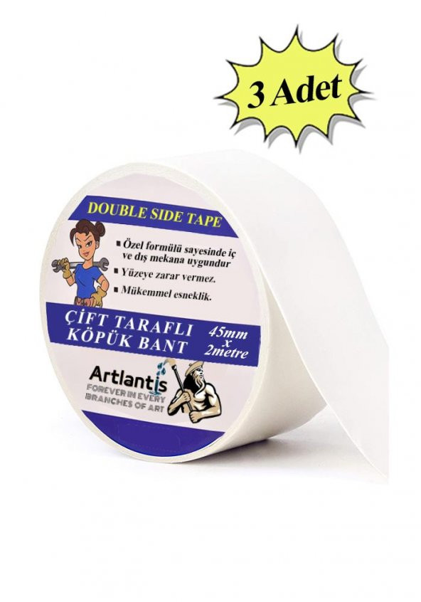 Çift Taraflı Bant Köpük Bant 45mm x 2mt 3 Adet Çerçeve Tablo Halı Yapıştırma Bandı İç Ve Dış Mekan Süper Güçlü Köpük Bant ürün görseli 1