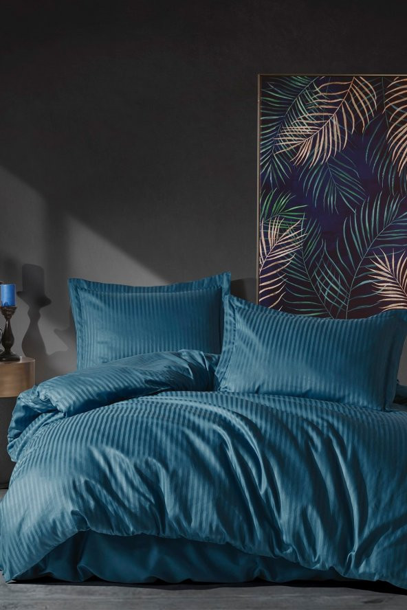 Elegant Stripe Saten Çift Kişilik Nevresim Takımı Mavi ürün görseli 1