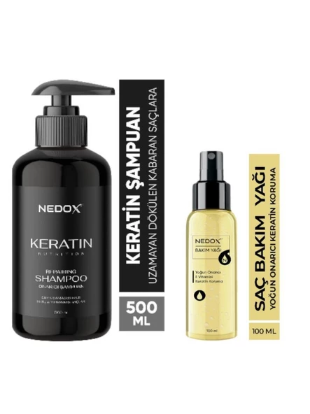 NEDOX Keratinli Saç Bakım Şampuanı 500 ml+Keratin Özlü Onarıcı E Vitaminli Saç Bakım Yağı 100 ml ürün görseli 1