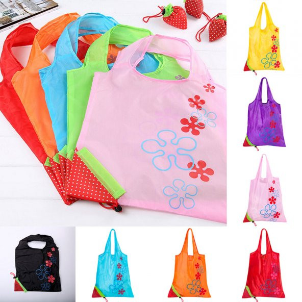 58cm x 38cm Siyah Çilek Katlanabilir Bez Market Alışveriş Pazar Torba Katlanan Çantası ürün görseli 1