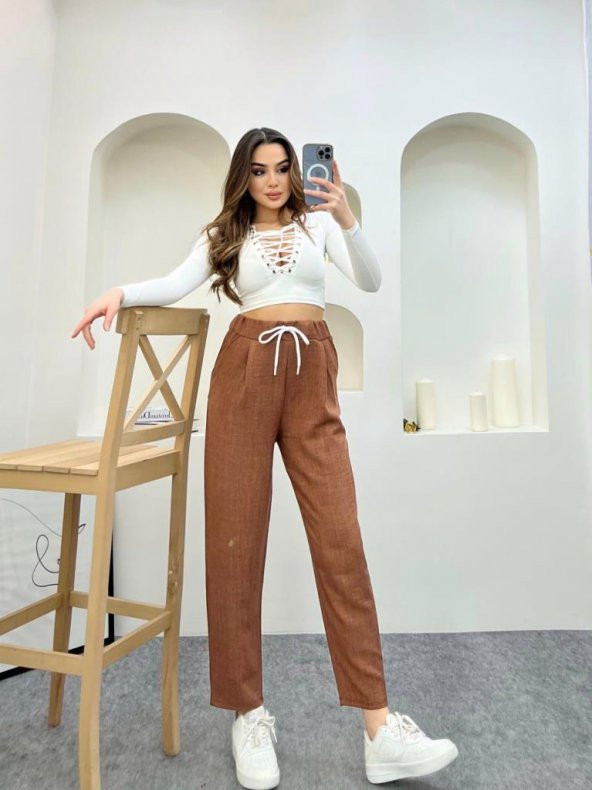 Kahve Renk Keten Kumaş Havuç Model Pantolon ürün görseli 1