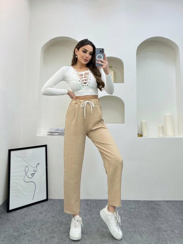 Krem Renk Keten Kumaş Havuç Model Pantolon ürün görseli 1