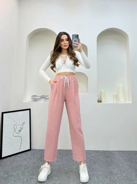 Pudra Renk Keten Kumaş Havuç Model Pantolon ürün görseli 1