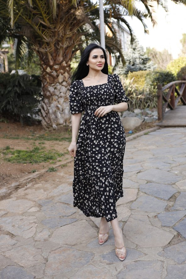 Kare Yaka Viskon Kumaş Gipeli Çiçek Desen Yazlık Elbise (STANDART BEDEN S/M/L/XL BEDEDEN UYUMLU) ürün görseli 1