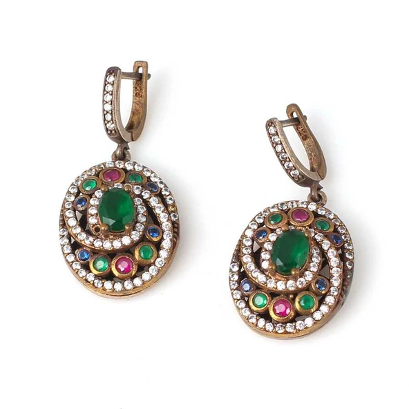 925 Ayar Gümüş Ve Bronz Karışımı Oval Taşlı Küpe ürün görseli 1