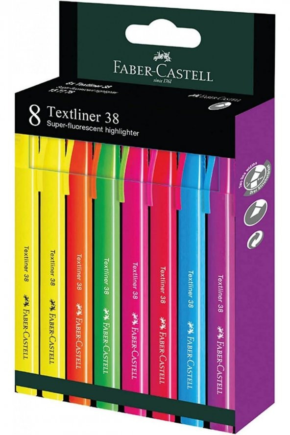 Faber Castell 38 Textliner 8li Neon Fosforlu Kalem Seti / 157778 ürün görseli 1
