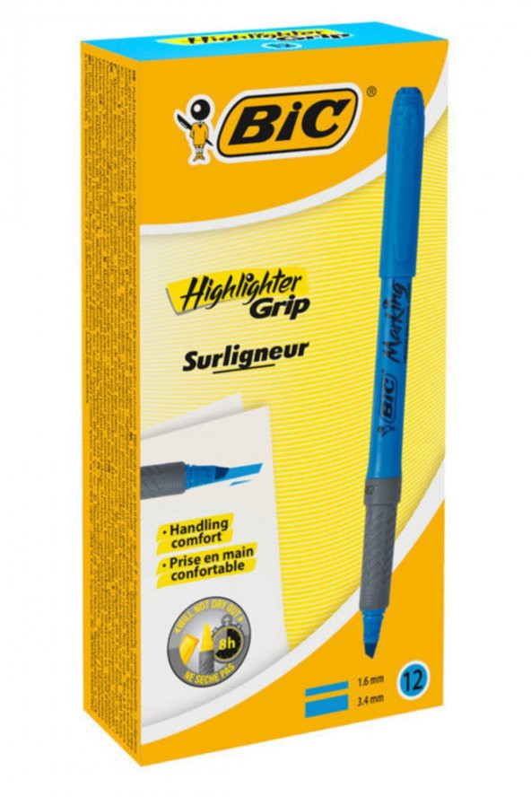 Bic Briteliner Grip Fosforlu Kalem Mavi, 12li Kutu ürün görseli 1