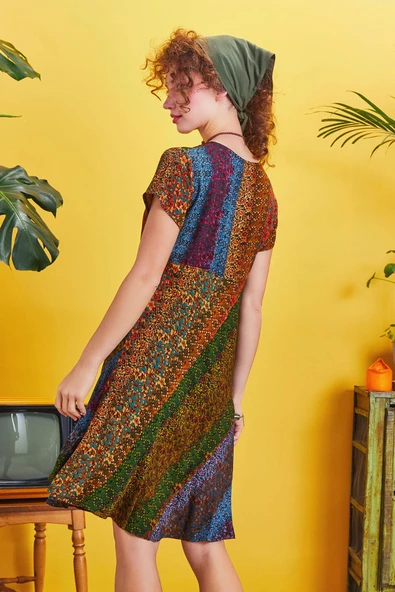 Önü Düğmeli Patchwork Kısa Kol Bohem Elbise - Resim 5