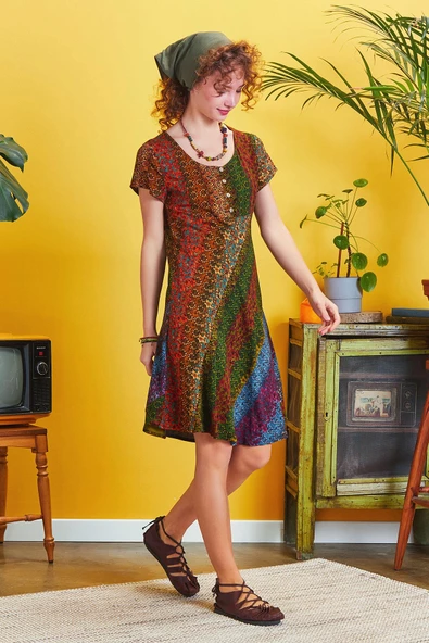 Önü Düğmeli Patchwork Kısa Kol Bohem Elbise - Resim 3