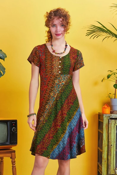 Önü Düğmeli Patchwork Kısa Kol Bohem Elbise ürün görseli 1