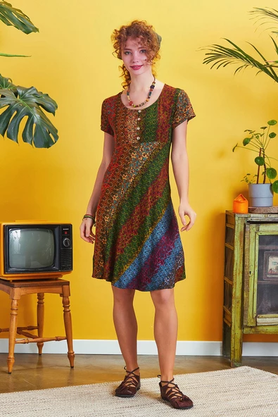 Önü Düğmeli Patchwork Kısa Kol Bohem Elbise - Resim 2