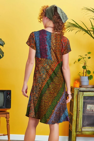 Önü Düğmeli Patchwork Kısa Kol Bohem Elbise - Resim 4