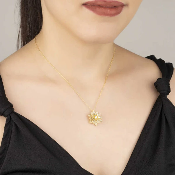 Gümüş Gold Beyaz Taşlı Lotus Çiçeği Kadın Kolye ürün görseli 1