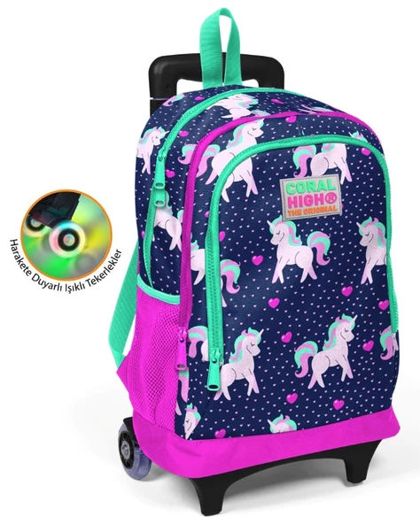 Coral High Pembe Unicorn Baskılı Çekçek Okul Çantası - Işıklı Tekerlekler ürün görseli 1