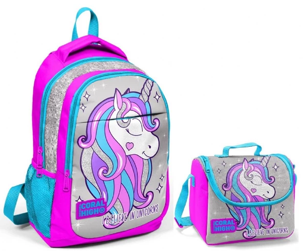 Coral High Kız Çocuk Gri Unicorn Okul Sırt Çantası ve Beslenme Çantası ürün görseli 1