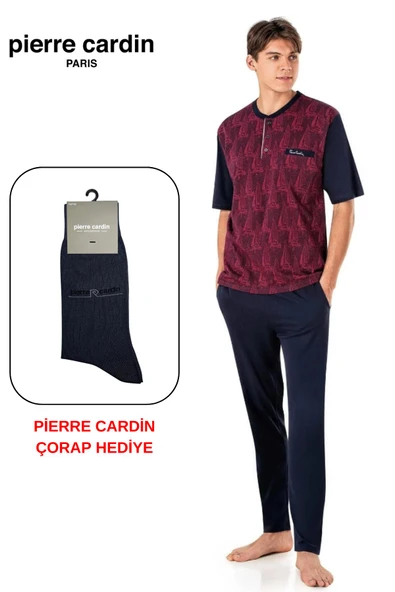 Pierre Cardin Paris Premium Erkek Jakarlı 3’lü Kısa Kol Kapri Uzun Kutulu Pijama Takım Çorap Hediyeli ürün görseli 1