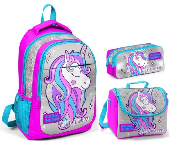 Coral High Pembe Gri Unicorn Kız Çocuk İlkokul Çanta Seti - Sırt Çantası+Beslenme+Kalemlik ürün görseli 1