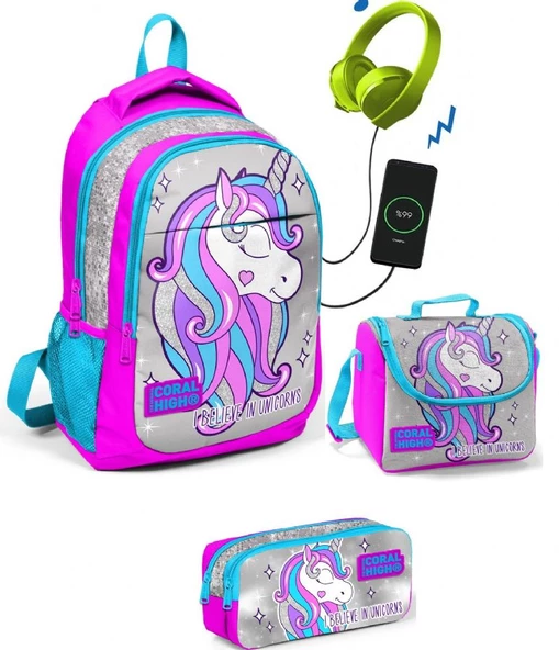 Coral High Kız Çocuk Pembe Unicorn 3'lü Çanta Takımı - USB Soketli ürün görseli 1