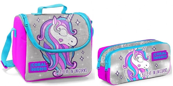 Coral High Beslenme Çantası ve Kalemlik Takım - Gri - Pembe - Unicorn - Kız Çocuk ürün görseli 1