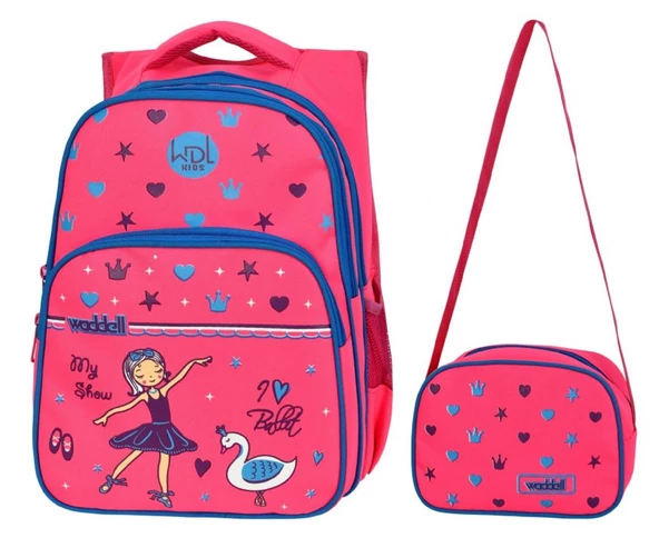 WaddellBag Kız Çocuk Pembe Balerin Baskılı İlkokul Sırt Çantası Üç Gözlü Çanta Seti ürün görseli 1