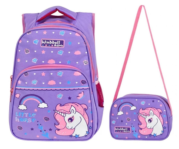 WaddellBag Kız Çocuk Mor Unicorn İlkokul Sırt Çantası ve Beslenme Çantası ürün görseli 1