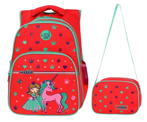 WaddellBag Kız Çocuk Kırmızı Unicorn İlkokul Sırt Çanta Seti WDL Kids ürün görseli 1