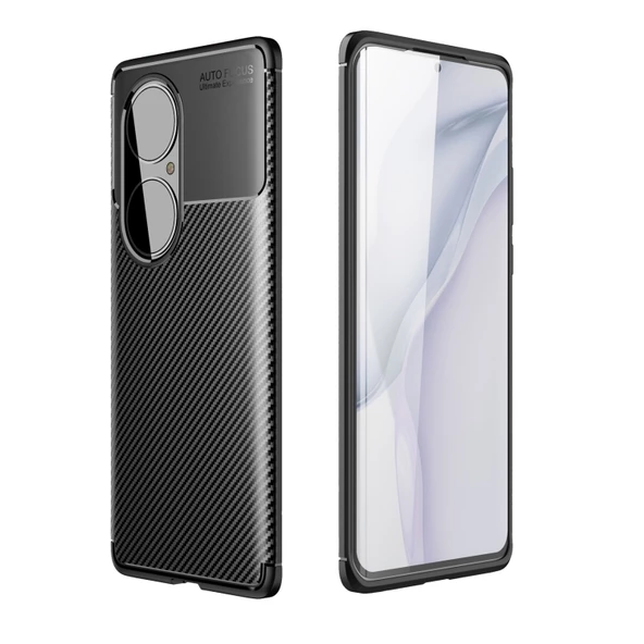 Smcase Huawei P50 Pro Kılıf Karbon Dokulu Negro Silikon  Tam Kapatan Pet Ekran Koruyucu ürün görseli 1