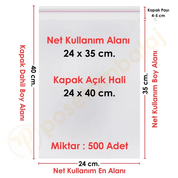 24x35+5 cm (24x40) 500 Adet Şeffaf Bantlı Yapışkanlı Jelatin Poşet ürün görseli 1