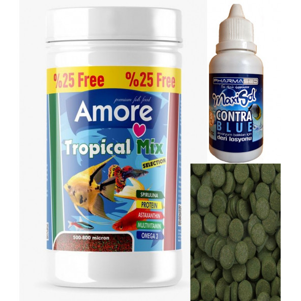 Amore Tropical Mix Granules 125 ml Canlı Doğuran Balık Yemi ve Spirulina Tablet 12 Adet ve Contra Blue ürün görseli 1