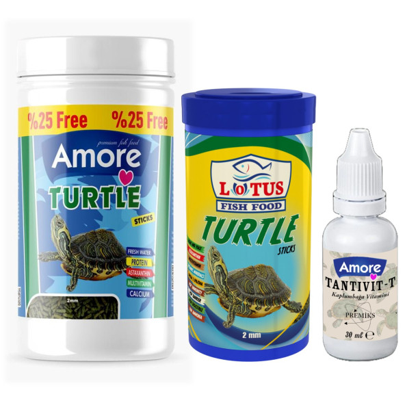 Amore Turtle Green Sticks 125 ml  Lotus 100 ml Su Kaplumbağası Yemi ve Vitamin Seti ürün görseli 1
