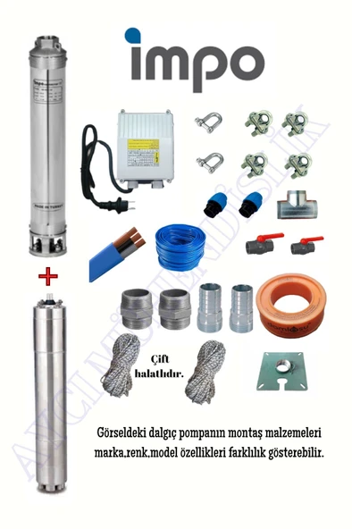 Impo Sk 415/08 3HP Krom Başlıklı  30 MT Yassı Kablolu ve Panolu 60 mt Halatlı Çift Vanalı Akıtma Başlıklı Monofaze Takım Dalgıç Pompa ürün görseli 1