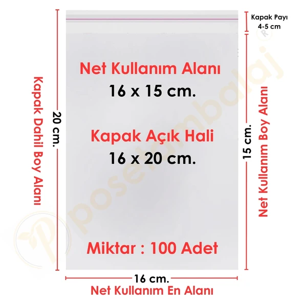 16x15+5 cm. (16x20) 100 Adet - Şeffaf Bantlı Yapışkanlı OPP Jelatin Poşet ürün görseli 1