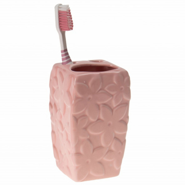 LY-J112B SERAMİK DİŞ FIRÇALIK ÇİÇEKLİ PEMBE MODEL 7X7X12CM ürün görseli 1